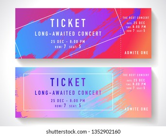 Admission ticket template. Vector mockup concert ticket (tear-off) with colorful art paint brush. Modern bright rainbow gradient background. Useful for party, movie, cinema or entertainment show pass