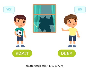 Admit and deny antonyms word card vector template. Flashcard for english language learning. Opposites concept. A sad boy with a ball broke a window, the second child denies guilt.