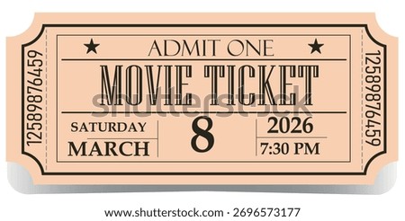 Admit one ticket. A ticket for a cinema, theater, or concert and show. Vector vintage pass coupon for one person. A template on a transparent background with a shadow.