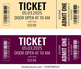 Admit one ticket design template. Concert, party or festival ticket design template. Ticket isolated on white background.Pink with white text, yellow with black text. eps 10