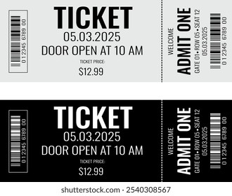 Admit one ticket design template. Concert, party or festival ticket design template. Ticket isolated on white background.Black with white text, white with black text. eps 10