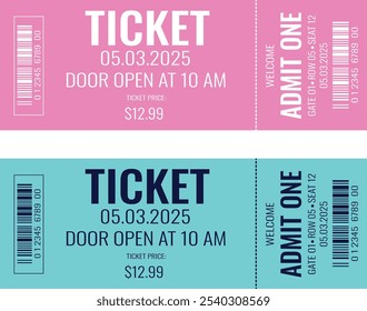 Admit one ticket design template. Concert, party or festival ticket design template. Ticket isolated on white background.Pink with white text, blue with blue text. eps 10