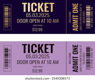 Admit one ticket design template. Concert, party or festival ticket design template. Ticket isolated on white background.Purple with gold text, purple with black text. eps 10