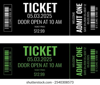 Admit one ticket design template. Concert, party or festival ticket design template. Ticket isolated on white background. Black ticket with green text, black blilet with white text. eps 10