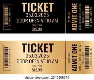 Admit one ticket design template. Concert, party or festival ticket design template. Ticket isolated on white background.Black with gold text, gold with black text. eps 10