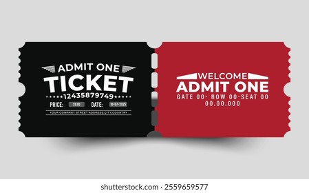 Admit one ticket design template. Modern Event Ticket Design in Black and Red