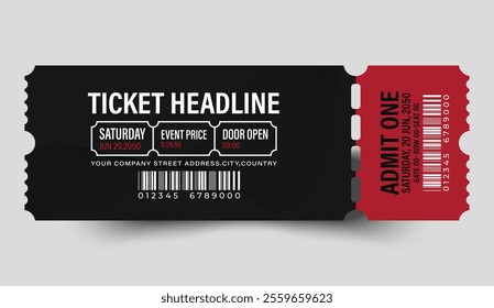 Admit one ticket design template. Modern Event Ticket Design in Black and Red