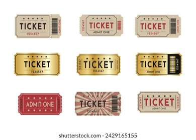 Admit one ticket design vector template. Ticket gold coupon vector design template set collection