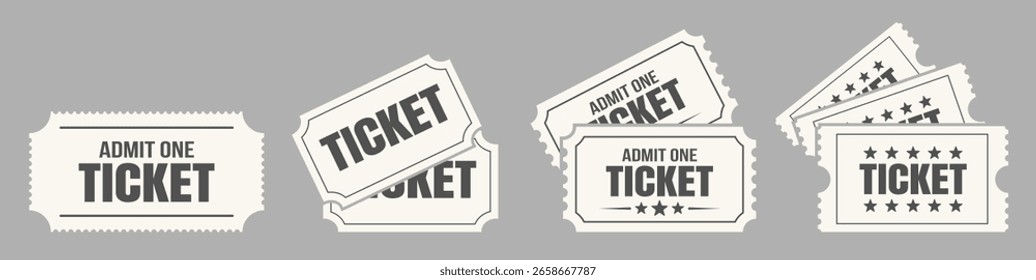 Admit one ticket icon set. Vintage and modern event ticket designs with stars and borders. Entry coupon template for cinema, party, or concert