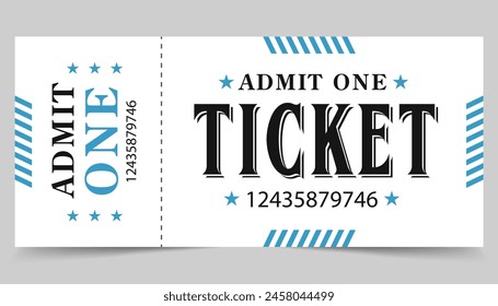 Admit one and Ticket sample. Cinema, theater, casino, concert, game, party, event, festival gold ticket, Invite ticket for casino club, Vector illustration.