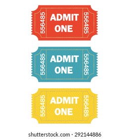 Admit one ticket set isolated on white background. Colorful vector illustration of cinema or theater retro ticket.