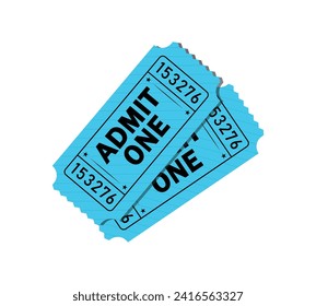 Admit one tickets in blue color with shadow on white background. One person entry tickets - Vector Art