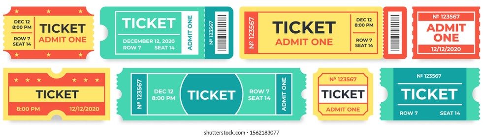 Admit one tickets. Circus entries coupon, retro cinema ticket and movie entrance coupons. Carnival festival invitation tickets, baseball admit coupon. Isolated vector icons set