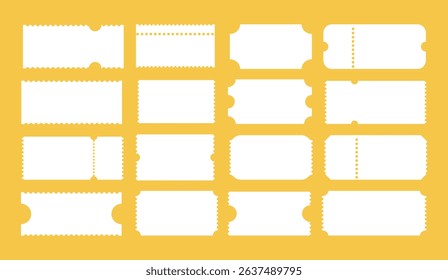 Admit one tickets. Empty flat patterns. Ticket icon for cinema, circus, theatre, festival, casino, club. Boarding blanks, lottery, sale coupons. Blanks white backgrounds.