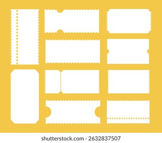 Admit one tickets. Empty white templates. Ticket patterns for cinema, circus, theater, festival, casino, club. Boarding blanks, lottery, sale coupons, backdrops. Blanks flat backgrounds.