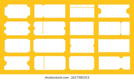 Admit one tickets mockup. Empty flat template. Boarding blanks, lottery, sale minimal coupons. Ticket pattern for cinema, circus, theater, festival, casino, club. Blanks white color backgrounds layout