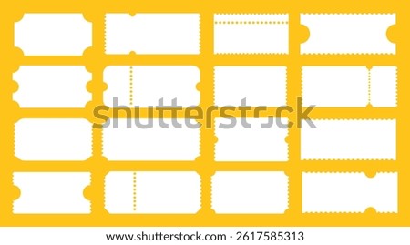 Admit one tickets mockup. Empty flat template. Boarding blanks, lottery, sale minimal coupons. Ticket pattern for cinema, circus, theater, festival, casino, club. Blanks white color backgrounds layout