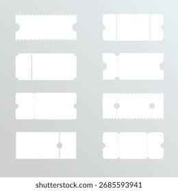 Admitir um ingressos maquiados. Modelos simples vazios. Padrão de ingressos para cinema, circo, teatro, festival, cassino, clube. Embarque simples brancos, loteria, venda cupons minimalistas.