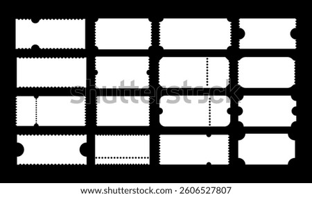 Admit one tickets mockups. Empty flat templates. Ticket pattern for cinema, circus, theater, festival, casino, club. Boarding simple blanks, lottery, sale minimalist coupons. Blanks backgrounds layout