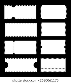Admit one tickets samples. Empty backdrops templates. Ticket patterns for cinema, circus, theater, festival, casino, club. Boarding blanks, lottery, sale coupons. White blanks backgrounds.