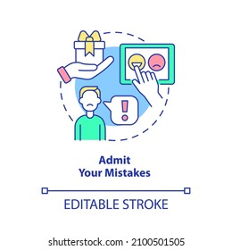 Admit your mistakes concept icon. Take responsibility. Customer service tips abstract idea thin line illustration. Isolated outline drawing. Editable stroke. Roboto-Medium, Myriad Pro-Bold fonts used