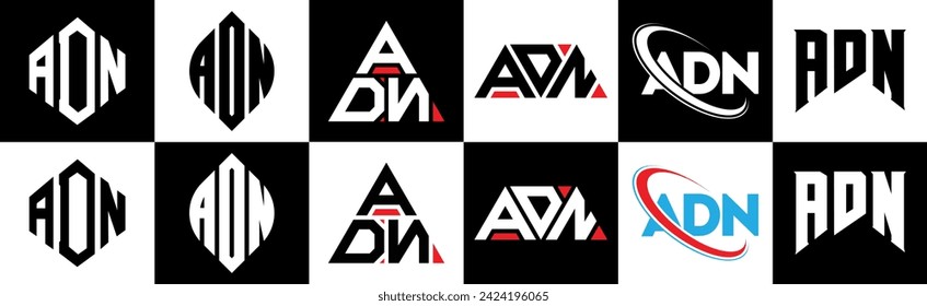 Logo-Design des ADN-Briefes in sechs Stilen. ADN Polygon, Kreis, Dreieck, Hexagon, flacher und einfacher Stil mit schwarz-weißem Farbänderungslogo in einem Zeichenbrett. ADN minimalistisches und klassisches Logo