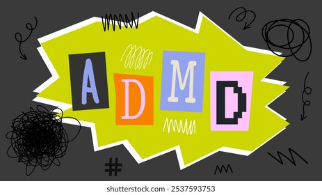 ADND banner with female open mouth, eye and hand. Attention disorder, hyperactivity, mental disorder.Trendy vector pieces. Creative collage for social media, card, print.