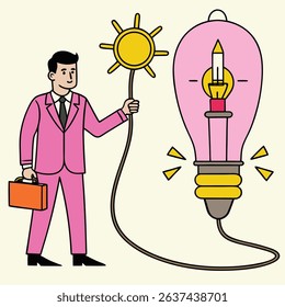 Adobe Businessman with a lightbulb idea inspired by the sun, Vector Artwork