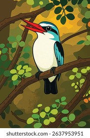Adobe Illustrator Artwork Blue-Winged Kingfisher in a Lush Forest Setting