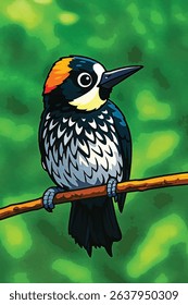 Adobe Illustrator Artwork Cartoon Style Acorn Woodpecker Perched on Branch – Bright Forest Illustration