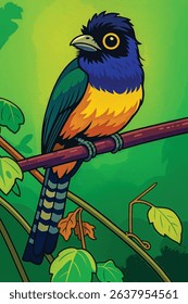 Adobe Illustrator Artwork Elegant Blue-Yellow Tropical Bird on Vine Branch – Digital Nature Artwork