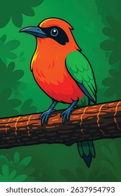 Adobe Illustrator Artwork Vivid Red and Green Songbird on a Forest Branch – Stylized Digital Artwork