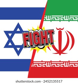 Adobe Illustrator vector artwork depicts Iran Israel conflict , 'Fight' in comic blast, and symbolic juxtaposition, igniting dialogue. Israel Attack Iran with missile. update on iran israel.