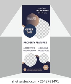 Adobe e ShutterBanner roll-up imobiliário ou modelo de design de capa. Moderna propriedade de luxo casa ou venda de casa. Moderno colorido imobiliário casa vender exposição industrial roll u stock mockup