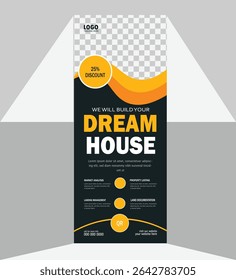 Adobe and ShutterReal Estate roll-up banner or cover design template. Modern luxury property home or house sale. Modern colorful real estate home sell industrial display exhibition roll u stock mockup
