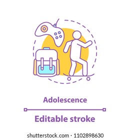 Adolescence activities concept icon. Teenager idea thin line illustration. Studying, video games, skateboarding. Vector isolated outline drawing. Editable stroke