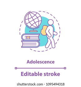 Adolescence concept icon. Teenager idea thin line illustration. Schoolchild. University or school education. Vector isolated outline drawing. Editable stroke