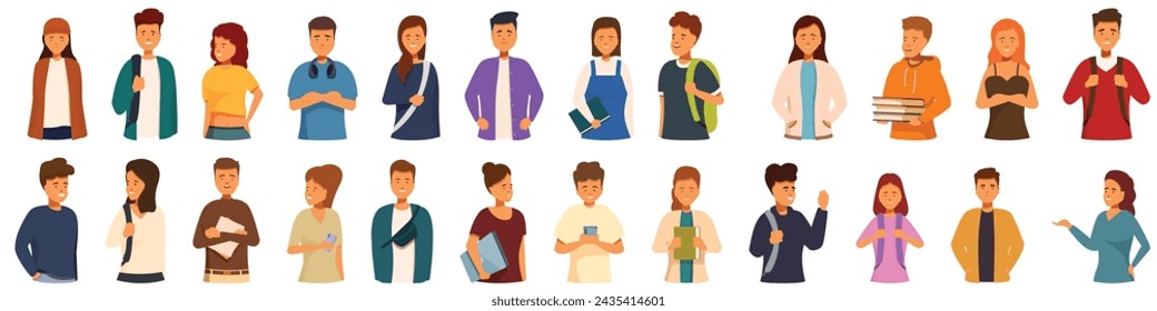 Adolescence icons set cartoon vector. School teenager. People young sad