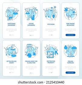 Adolescent Behavior Problems Blue Onboarding Mobile App Screen Set. Walkthrough 4 Steps Graphic Instructions Pages With Linear Concepts. UI, UX, GUI Template. Myriad Pro-Bold, Regular Fonts Used