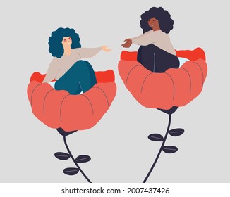 Adolescent black woman or girl extends her hand to support her best friend who needs help. Concept of friendship, mental health, empathy, multiculturalism, psychological problems. Vector illustration.