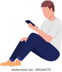 Adolescent boy looking at smartphone semi flat color vector character. Full body person on white. Teenage life isolated modern cartoon style illustration for graphic design and animation
