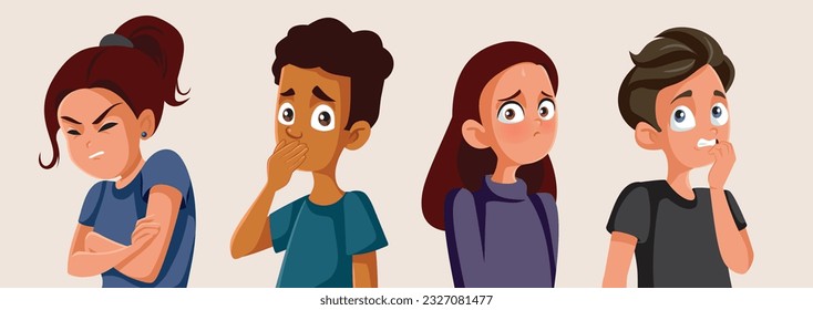 
Adolescent Boys and Girls Suffering from Stress and Anxiety Vector Illustration. Stressed teenagers feeling embarrassed and shy 
