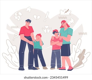 Adolescent crisis help and support, flat vector illustration isolated on white background. Parents resolve conflict and comfort upset children. Family supporting their kids in stress.