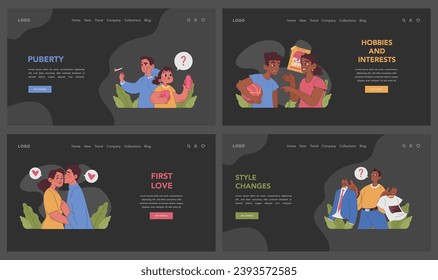 Adolescent Development concept. Illustration of teenage growth stages, including puberty, hobbies, and social issues. Emotional journey, identity exploration, and digital habits. vector illustration