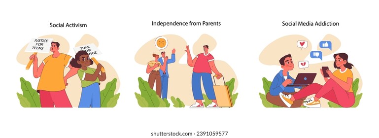 Adolescent Development set. Capturing pivotal moments of youth: the passion of social activism, the bittersweet farewell to childhood, and the lure of social media. Flat vector illustration