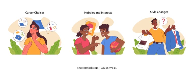 Adolescent Development set. Young individuals exploring career paths, leisure activities, and personal style. Decision-making in life stages. Flat vector illustration