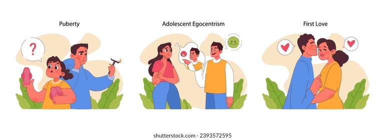 Adolescent Development stages set. Depicts curious puberty phase, intense egocentrism during adolescence, and the tenderness of first love. Evocative emotional journey. Flat vector illustration