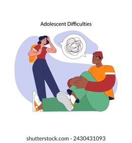 Adolescent difficulties concept. Troubled teens confiding in one another, grappling with internal challenges. Worries, concerns, youth struggles and mental health issues. Flat vector illustration