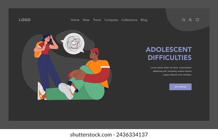 Adolescent difficulties concept. Troubled teens confiding in one another, grappling with internal challenges. Worries, concerns, youth struggles and mental health issues. Flat vector illustration