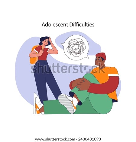 Adolescent difficulties concept. Troubled teens confiding in one another, grappling with internal challenges. Worries, concerns, youth struggles and mental health issues. Flat vector illustration